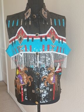 Beaded Sequined Western-Inspired Vest - Black & Turquoise